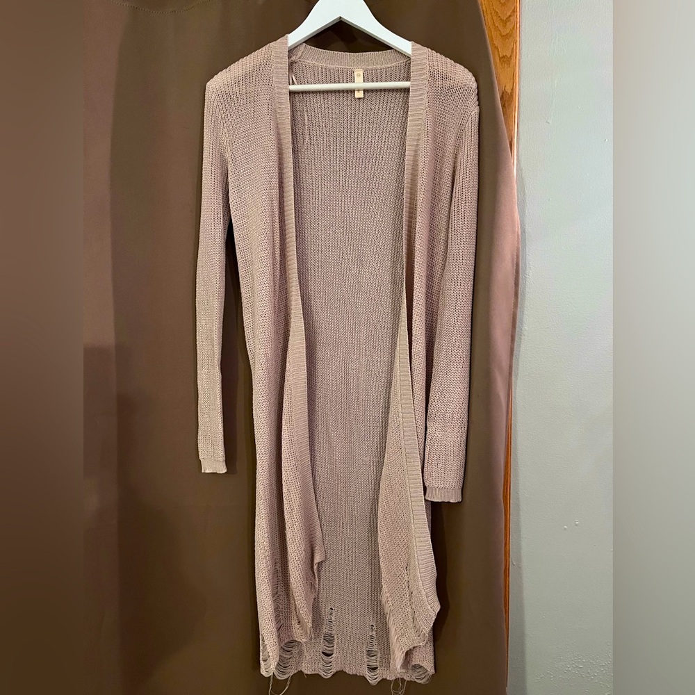 Rarely worn duster cardigan, mauve color, ankle length, boutique bought